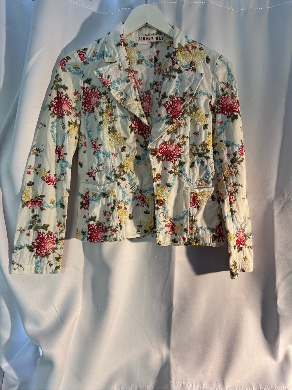 Johnny Was Cream Floral Embroidered Blazer with Pink & Gold Accents